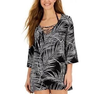 J Valdi Swim Cover Up Size Large Black White Lace Up Tunic Beach Womens NWOT